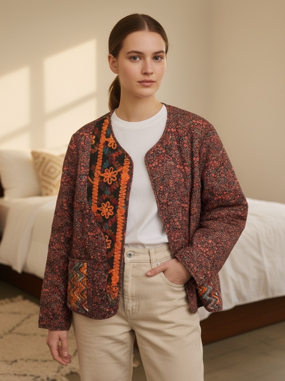 Women’s Quilted Floral Embroidered Jacket in Rust